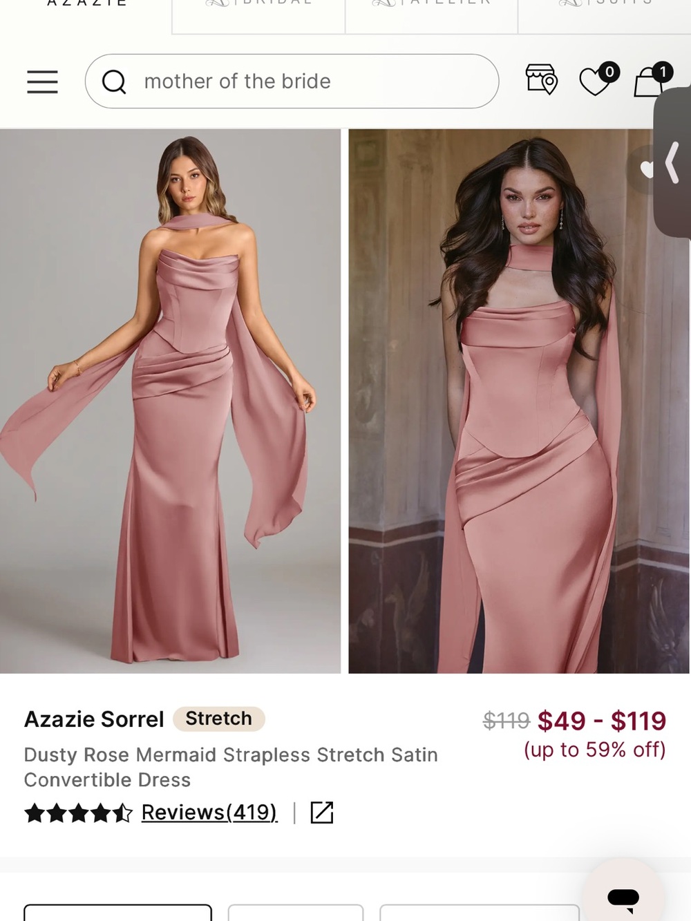 Azazie Dusty Rose Strapless Mermaid Satin Convertible Gown